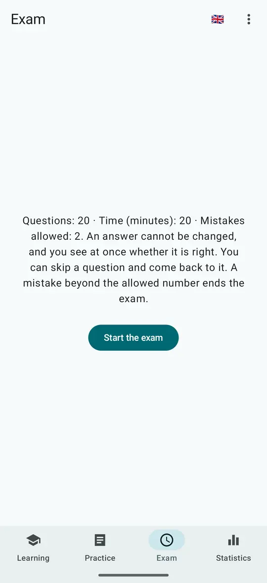 Exam tab: 20 questions, 20 minutes, 2 mistakes allowed, Start exam button